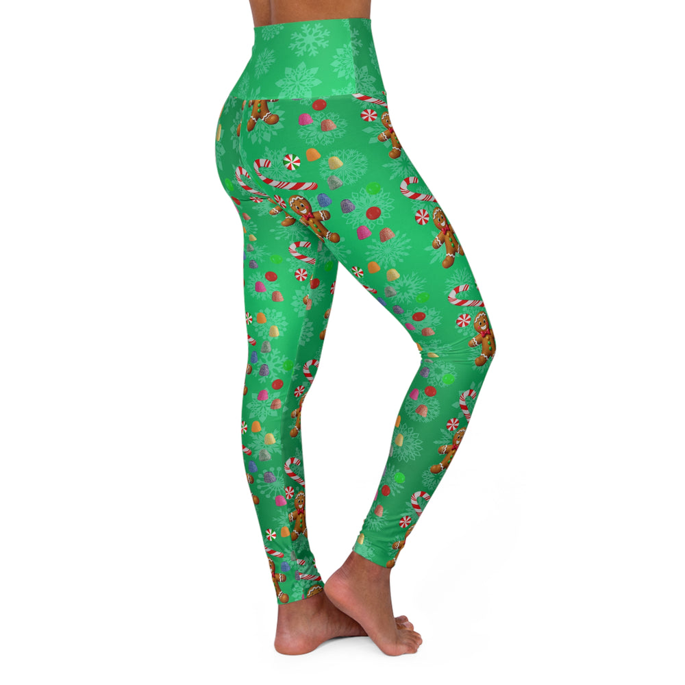 Yoga Leggings, Gingerbread Man Candy Design, Christmas Workout Apparel, Festive Holiday Activewear, Green Leggings, Fitness Leggings