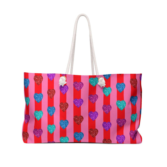 Heart and Stripes Weekender Bag, Travel Duffel, Overnight Bag, Carry On Luggage, Gym Bag, Hearts and Stripes Design
