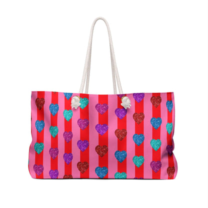 Heart and Stripes Weekender Bag, Travel Duffel, Overnight Bag, Carry On Luggage, Gym Bag, Hearts and Stripes Design