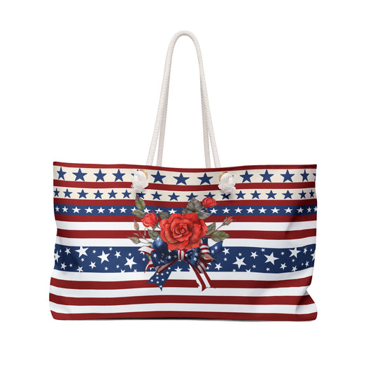 Patriotic Tote Roomy Oversized Bag with Star and Stripes Floral, Bow Patterns in Classic Red, White, and Blue Colors, USA Weekend Bag Design - Printspirationz