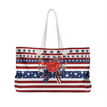 Patriotic Tote Roomy Oversized Bag with Star and Stripes Floral, Bow Patterns in Classic Red, White, and Blue Colors, USA Weekend Bag Design - Printspirationz