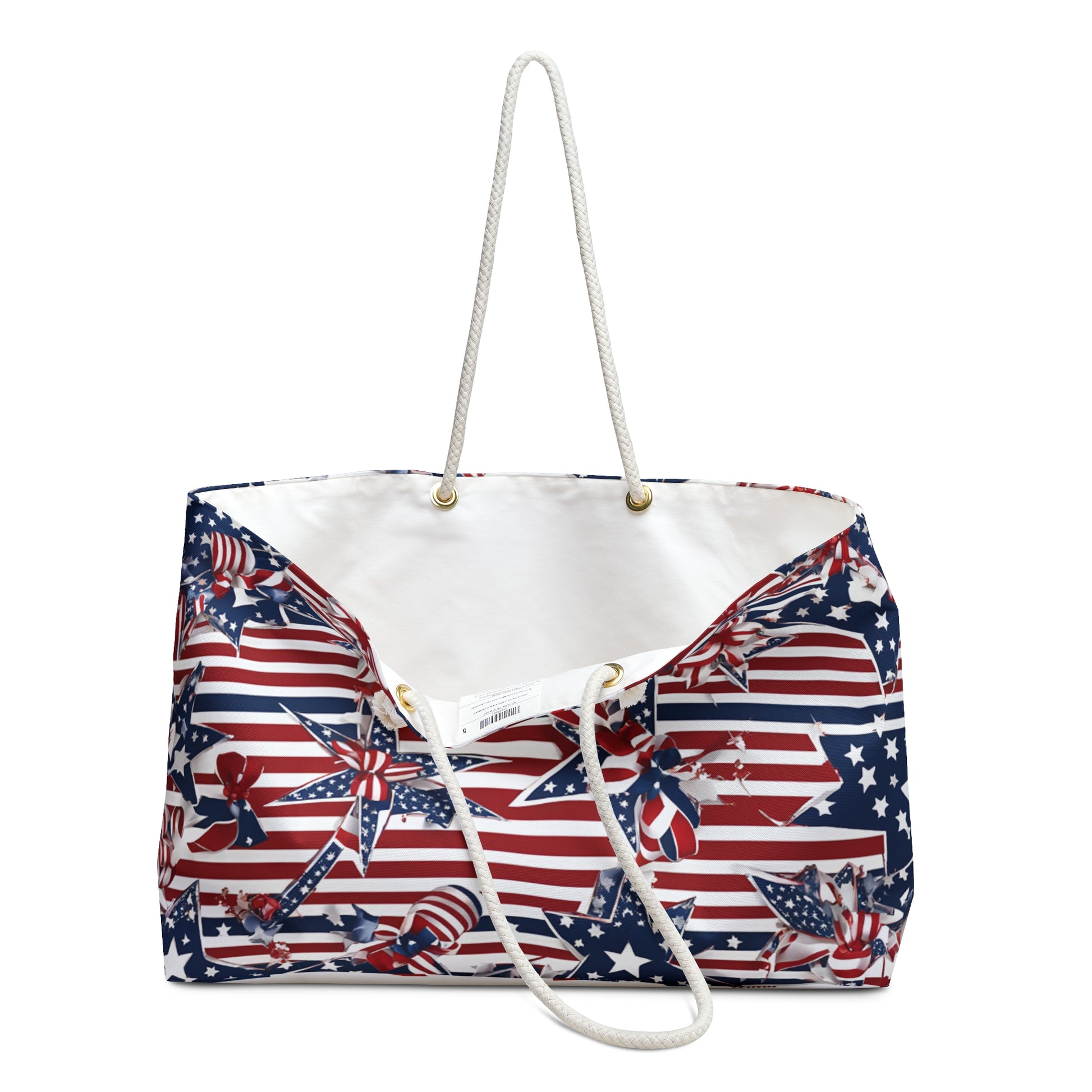 Patriotic Tote Roomy Oversized Bag with Star and Stripes Floral, Bow Patterns in Classic Red, White, and Blue Colors, USA Weekend Bag Design - Printspirationz