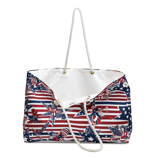 Patriotic Tote Roomy Oversized Bag with Star and Stripes Floral, Bow Patterns in Classic Red, White, and Blue Colors, USA Weekend Bag Design - Printspirationz