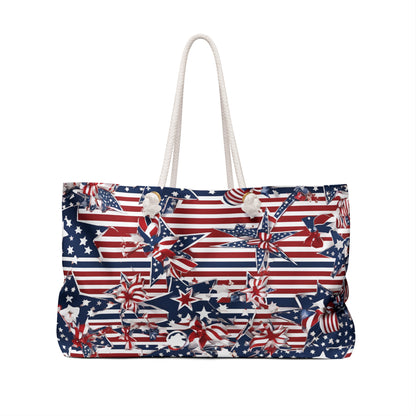 Patriotic Tote Roomy Oversized Bag with Star and Stripes Floral, Bow Patterns in Classic Red, White, and Blue Colors, USA Weekend Bag Design - Printspirationz