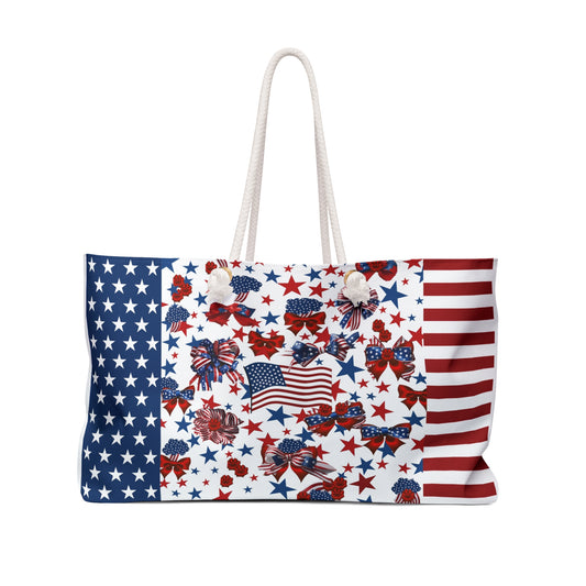 Patriotic Tote Roomy Oversized Bag with Star and Stripes Floral, Bow Patterns in Classic Red, White, and Blue Colors, USA Weekend Bag Design - Printspirationz