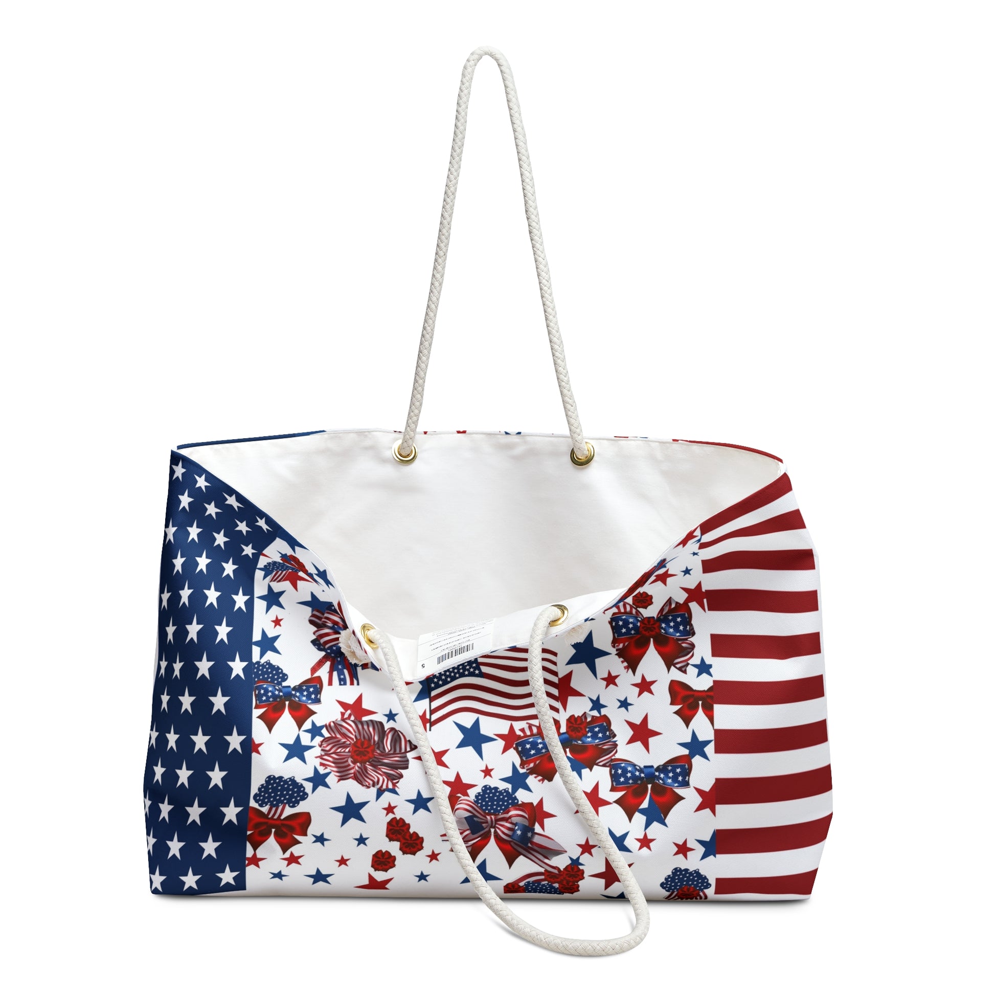 Patriotic Tote Roomy Oversized Bag with Star and Stripes Floral, Bow Patterns in Classic Red, White, and Blue Colors, USA Weekend Bag Design - Printspirationz