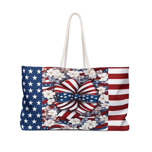 Patriotic Tote Roomy Oversized Bag with Star and Stripes Floral, Bow Patterns in Classic Red, White, and Blue Colors, USA Weekend Bag Design - Printspirationz