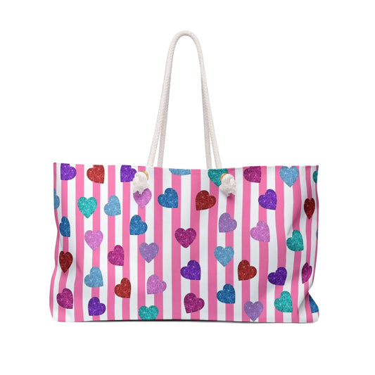 Weekender Bag, Heart Patterned Travel Tote, Overnight Duffel, Pink Striped Valentines Gift Bag, Large Carry-On Luggage, Colorful Love Theme