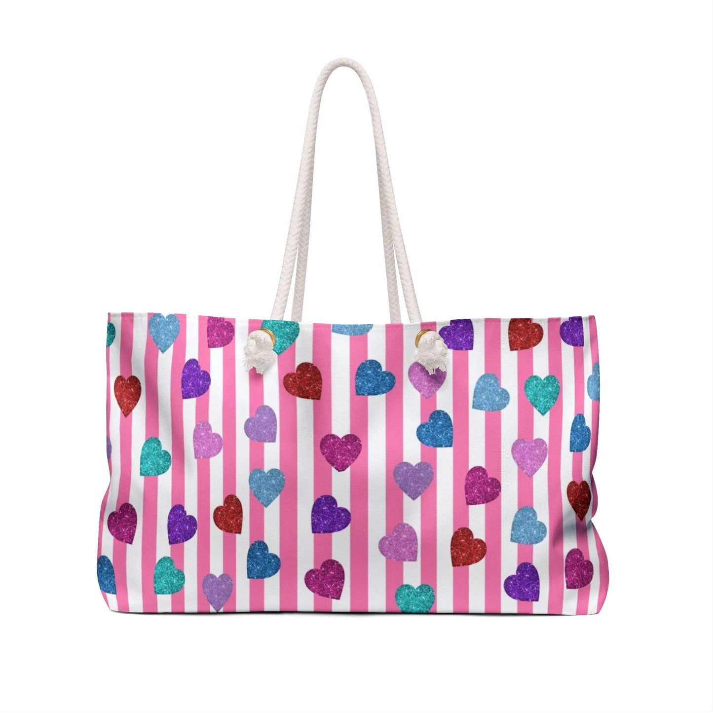 Weekender Bag, Heart Patterned Travel Tote, Overnight Duffel, Pink Striped Valentines Gift Bag, Large Carry-On Luggage, Colorful Love Theme