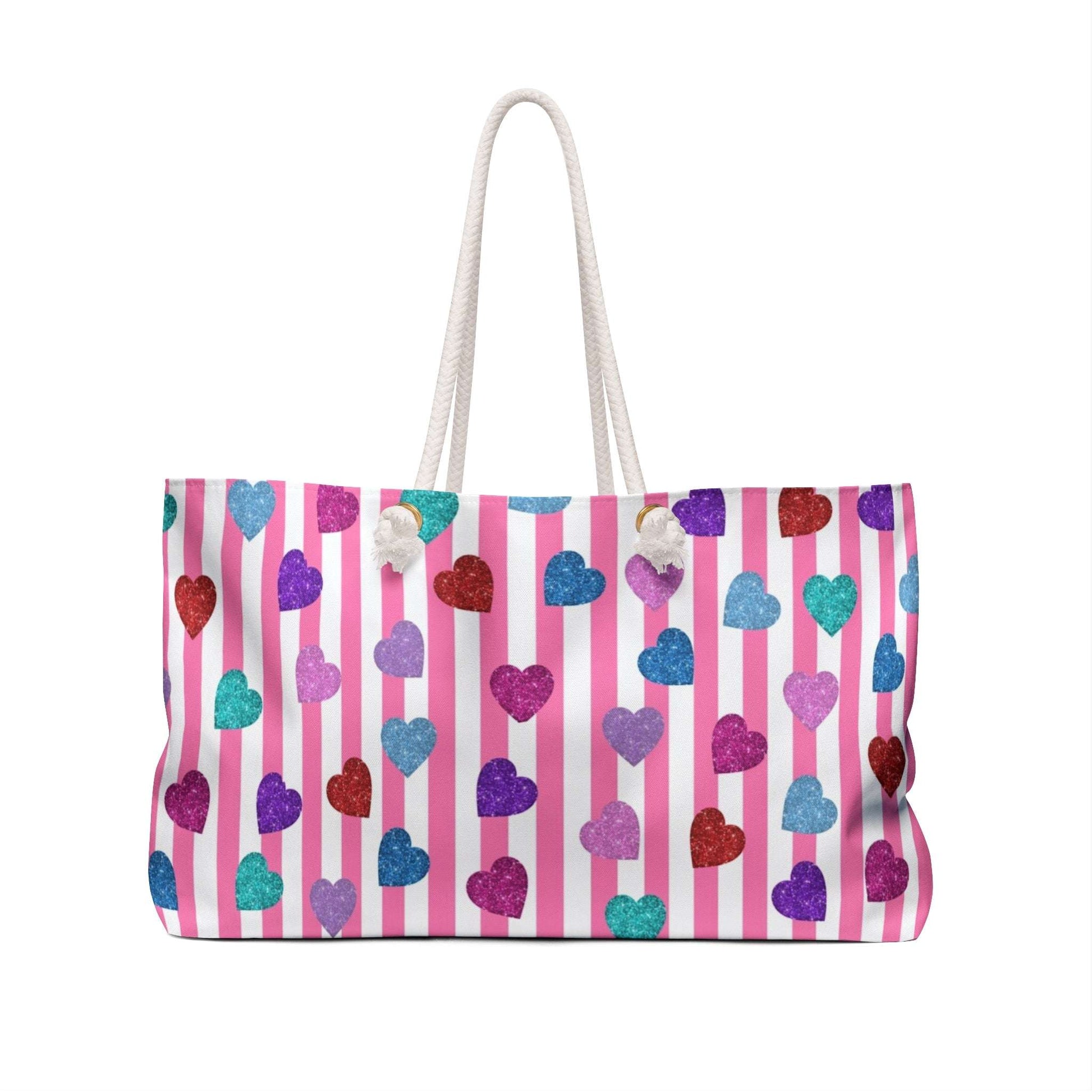 Weekender Bag, Heart Patterned Travel Tote, Overnight Duffel, Pink Striped Valentines Gift Bag, Large Carry-On Luggage, Colorful Love Theme