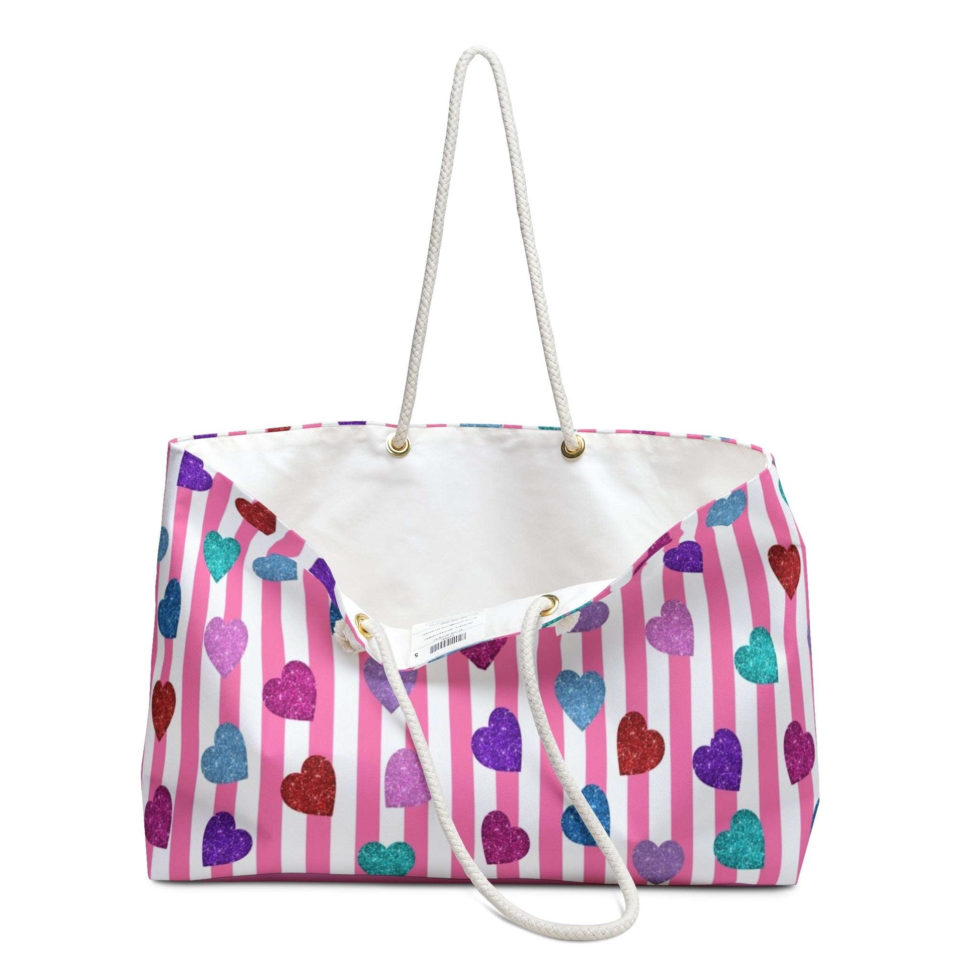 Weekender Bag, Heart Patterned Travel Tote, Overnight Duffel, Pink Striped Valentines Gift Bag, Large Carry-On Luggage, Colorful Love Theme