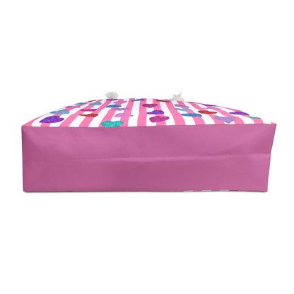 Weekender Bag, Heart Patterned Travel Tote, Overnight Duffel, Pink Striped Valentines Gift Bag, Large Carry-On Luggage, Colorful Love Theme
