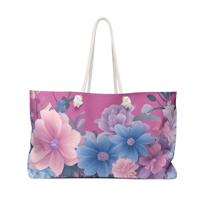 Weekender Bag with Pink & Blue Flowers, Floral Travel Tote, Overnight Bag, Getaway Duffel, Feminine Floral Gym Bag, Mothers Day Gift for Mom