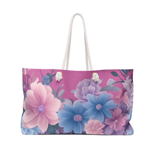 Weekender Bag with Pink & Blue Flowers, Floral Travel Tote, Overnight Bag, Getaway Duffel, Feminine Floral Gym Bag, Mothers Day Gift for Mom