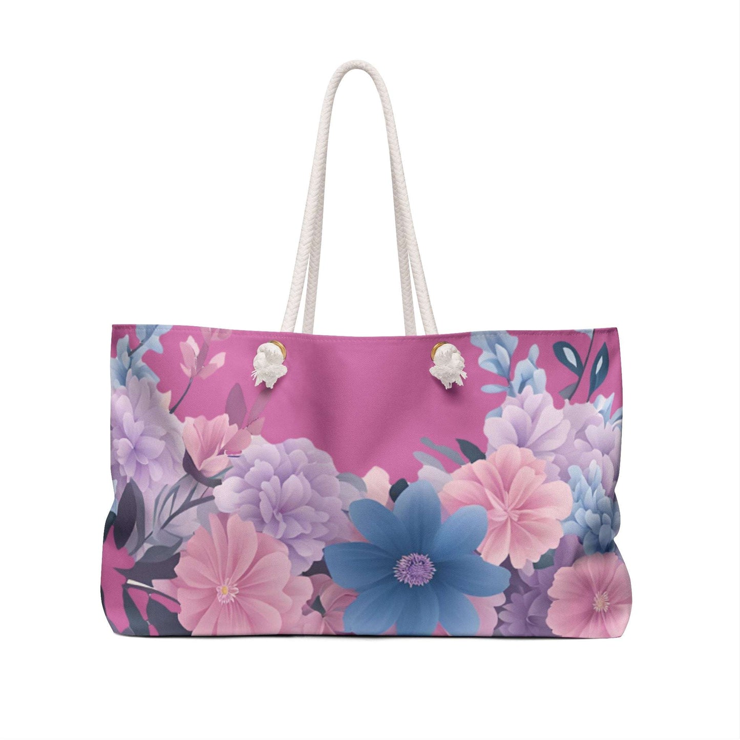 Weekender Bag with Pink & Blue Flowers, Floral Travel Tote, Overnight Bag, Getaway Duffel, Feminine Floral Gym Bag, Mothers Day Gift for Mom