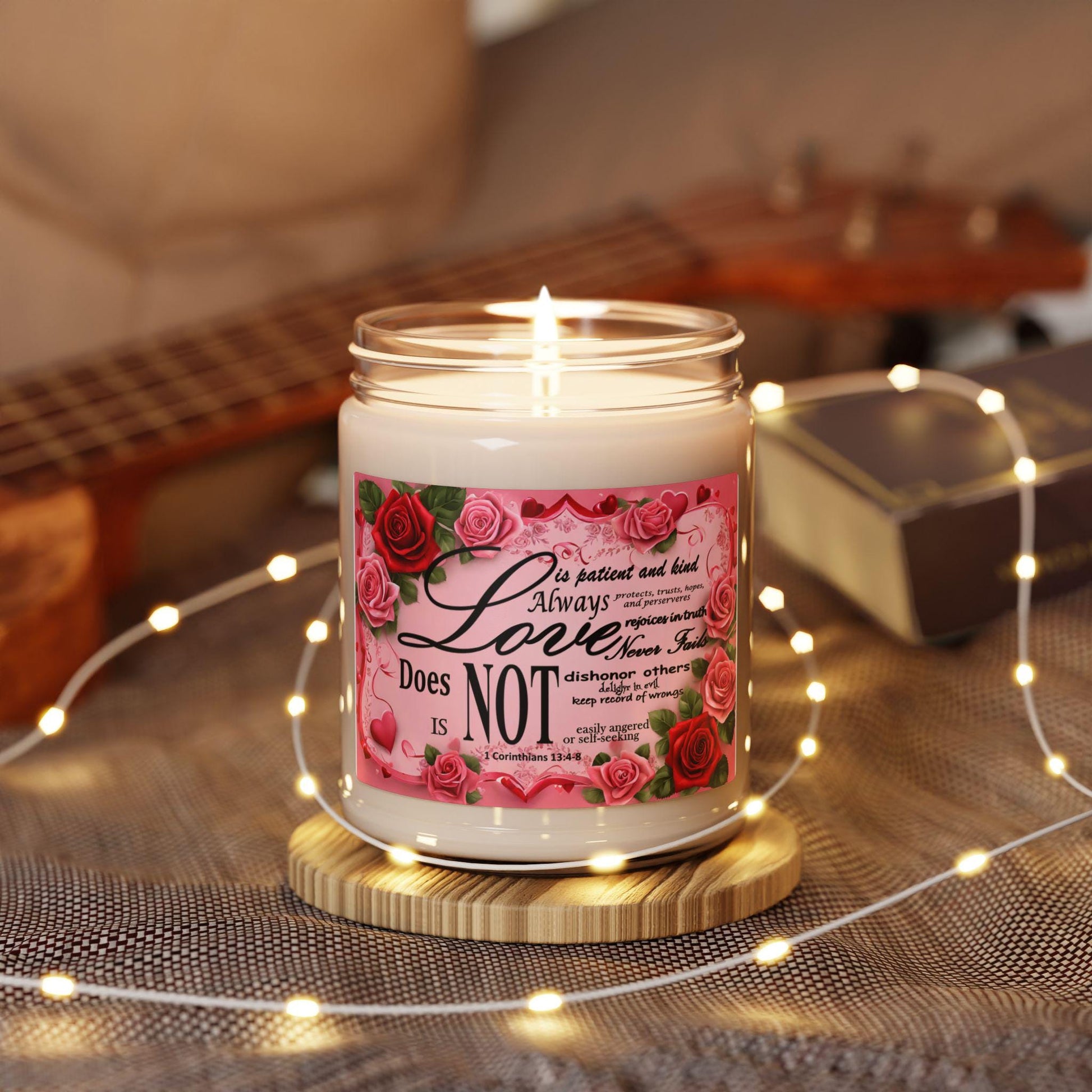 Soy Candle, 'Love is', Bible Verse 1 Corinthians 13:4-8, Hearts & Roses Design, Valentine's Gift, Home Decor, Religious Aromatherapy Candle - Printspirationz