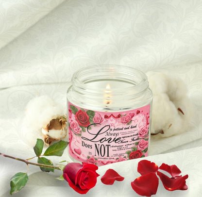 Soy Candle, 'Love is', Bible Verse 1 Corinthians 13:4-8, Hearts & Roses Design, Valentine's Gift, Home Decor, Religious Aromatherapy Candle - Printspirationz