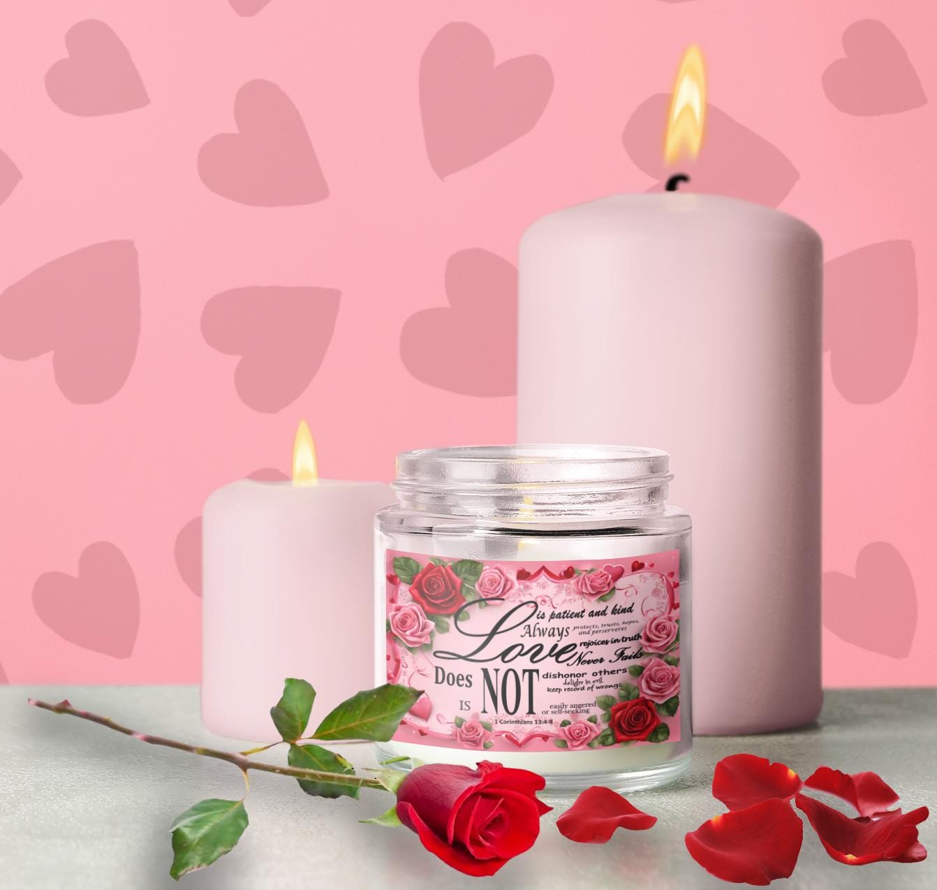 Soy Candle, 'Love is', Bible Verse 1 Corinthians 13:4-8, Hearts & Roses Design, Valentine's Gift, Home Decor, Religious Aromatherapy Candle - Printspirationz