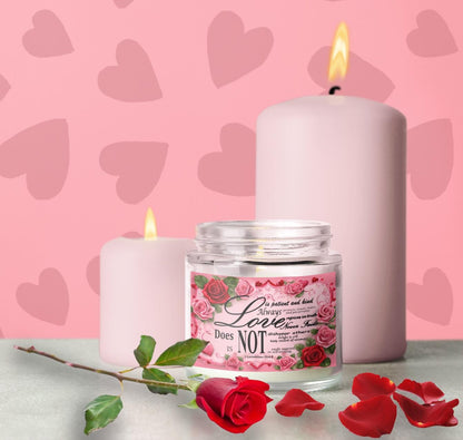 Soy Candle, 'Love is', Bible Verse 1 Corinthians 13:4-8, Hearts & Roses Design, Valentine's Gift, Home Decor, Religious Aromatherapy Candle - Printspirationz