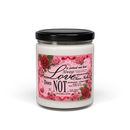 Soy Candle, 'Love is', Bible Verse 1 Corinthians 13:4-8, Hearts & Roses Design, Valentine's Gift, Home Decor, Religious Aromatherapy Candle - Printspirationz