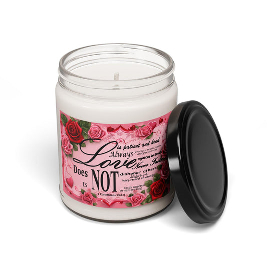 Soy Candle, 'Love is', Bible Verse 1 Corinthians 13:4-8, Hearts & Roses Design, Valentine's Gift, Home Decor, Religious Aromatherapy Candle - Printspirationz