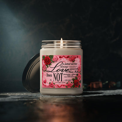 Soy Candle, 'Love is', Bible Verse 1 Corinthians 13:4-8, Hearts & Roses Design, Valentine's Gift, Home Decor, Religious Aromatherapy Candle - Printspirationz