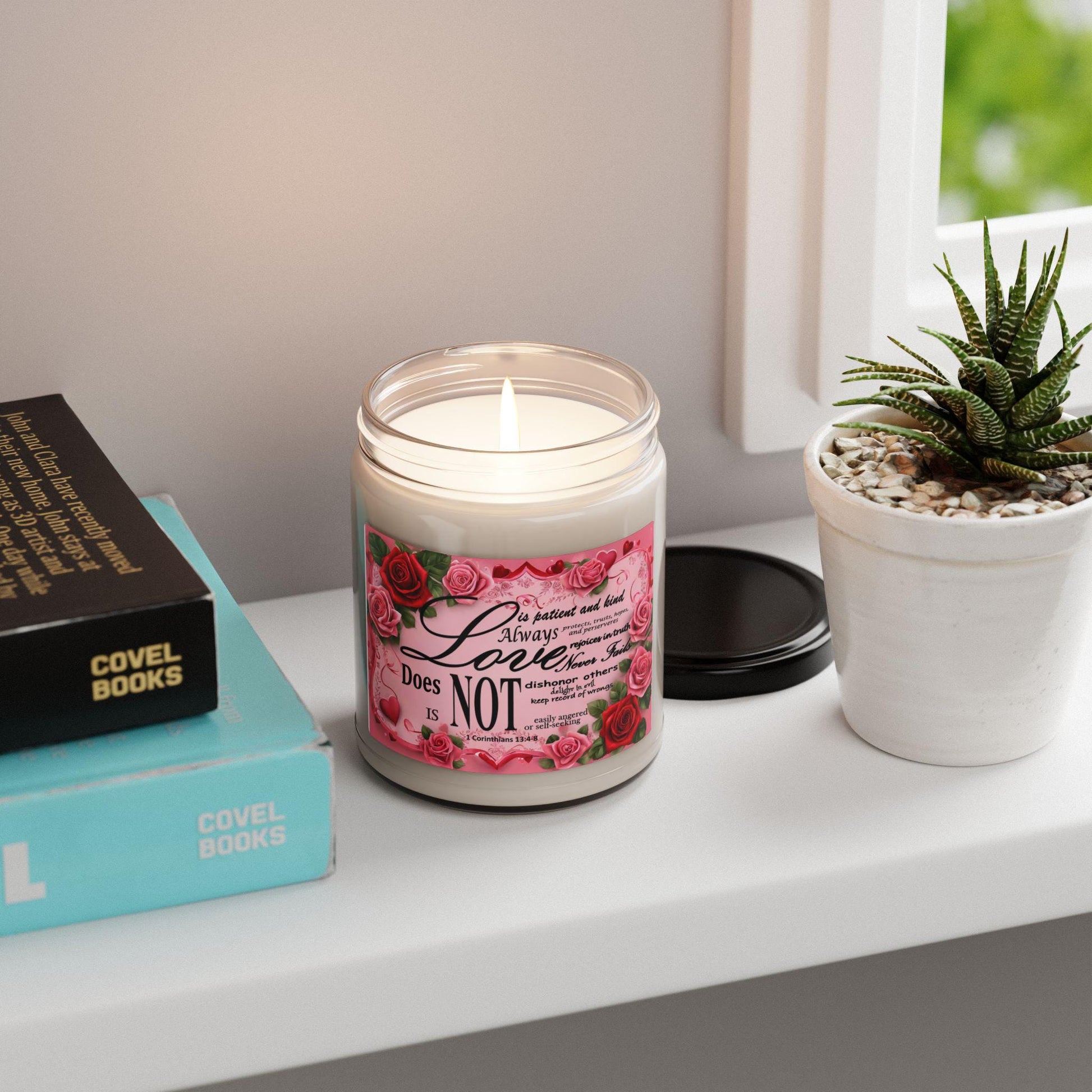 Soy Candle, 'Love is', Bible Verse 1 Corinthians 13:4-8, Hearts & Roses Design, Valentine's Gift, Home Decor, Religious Aromatherapy Candle - Printspirationz