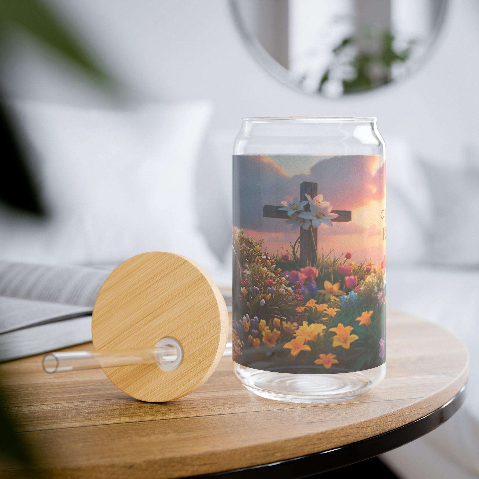Floral Sipper Glass, 16oz, Easter Mural Inspirational Drinkware, Spring Gift, Eco-Friendly Travel Cup, Home Decor