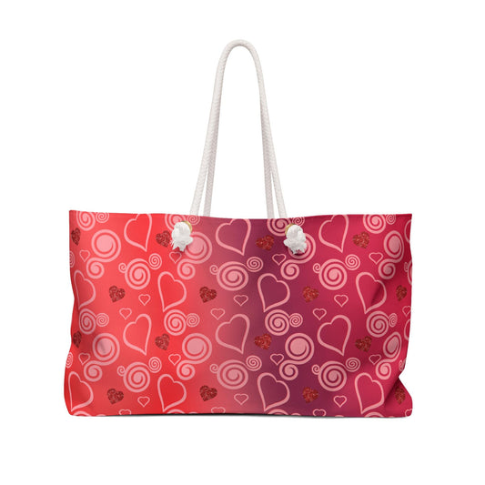 Valentines Tote Bag, Weekender Bag, Red Heart Swirls Gradient Design, Carryall Tote, Travel Duffel, Overnight Luggage, Mother's Day Present - Printspirationz
