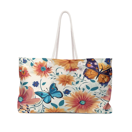 Weekender Bag, Colorful Flowers and Butterflies, Travel Tote Bag, Floral Print, Women's Overnight Bag, Beach Bag ,Mother's Day, Gift for Mom - Printspirationz