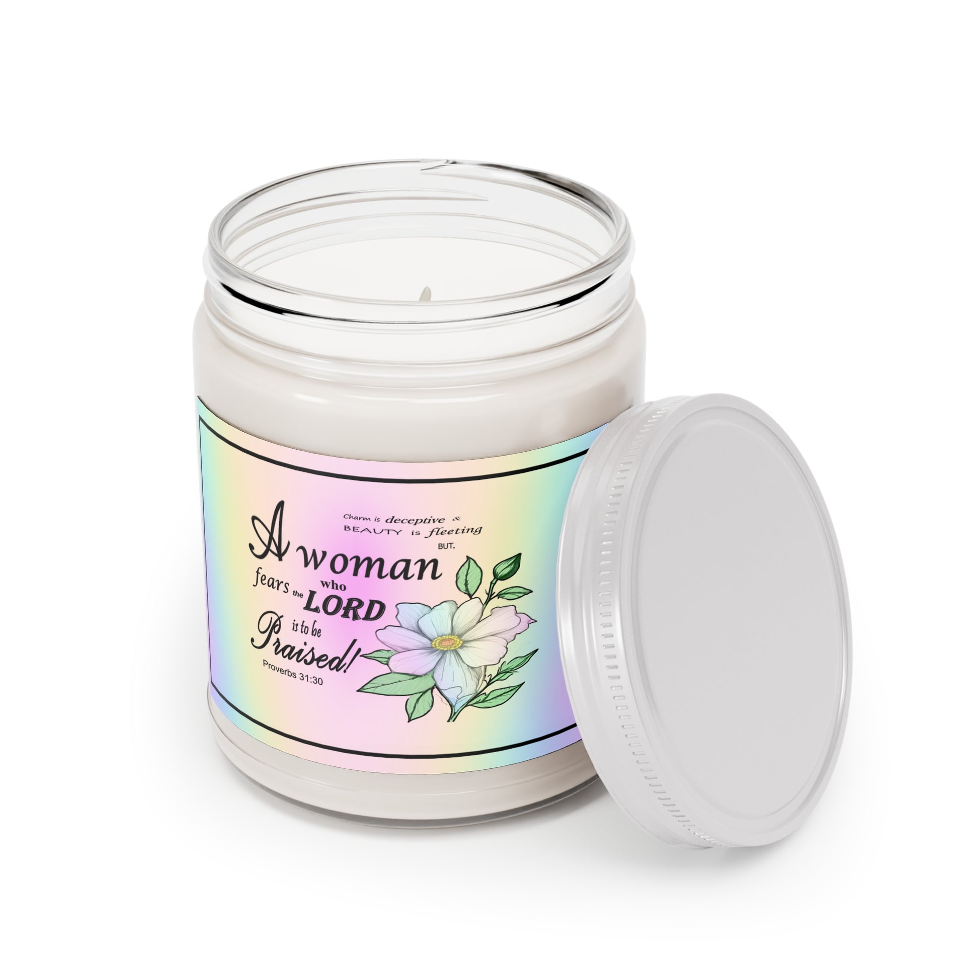 Aromatherapy Candles with Colorful Proverbs 31:30 Design - Vibrant Rainbow Label - Assorted Scents - Printspirationz