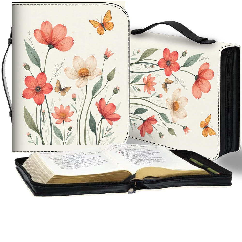 Bible Cover, Floral Butterfly Design, Orange Spring Flowers, Off White, Minimalist Book Protector, Religious Gift, Christian Organizer, Book