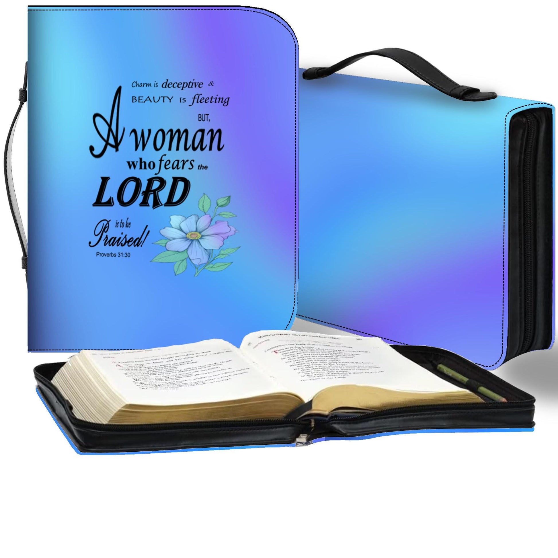 Blue, Floral Bible Cover, Proverbs 31:30 Scripture Quote, Religious Gift for Women, Church Accessory, Faith-Based Journal Cover - Printspirationz