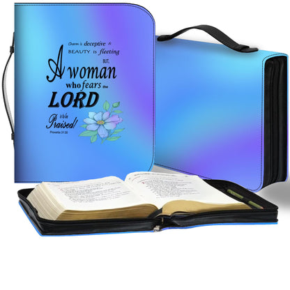 Blue, Floral Bible Cover, Proverbs 31:30 Scripture Quote, Religious Gift for Women, Church Accessory, Faith-Based Journal Cover - Printspirationz