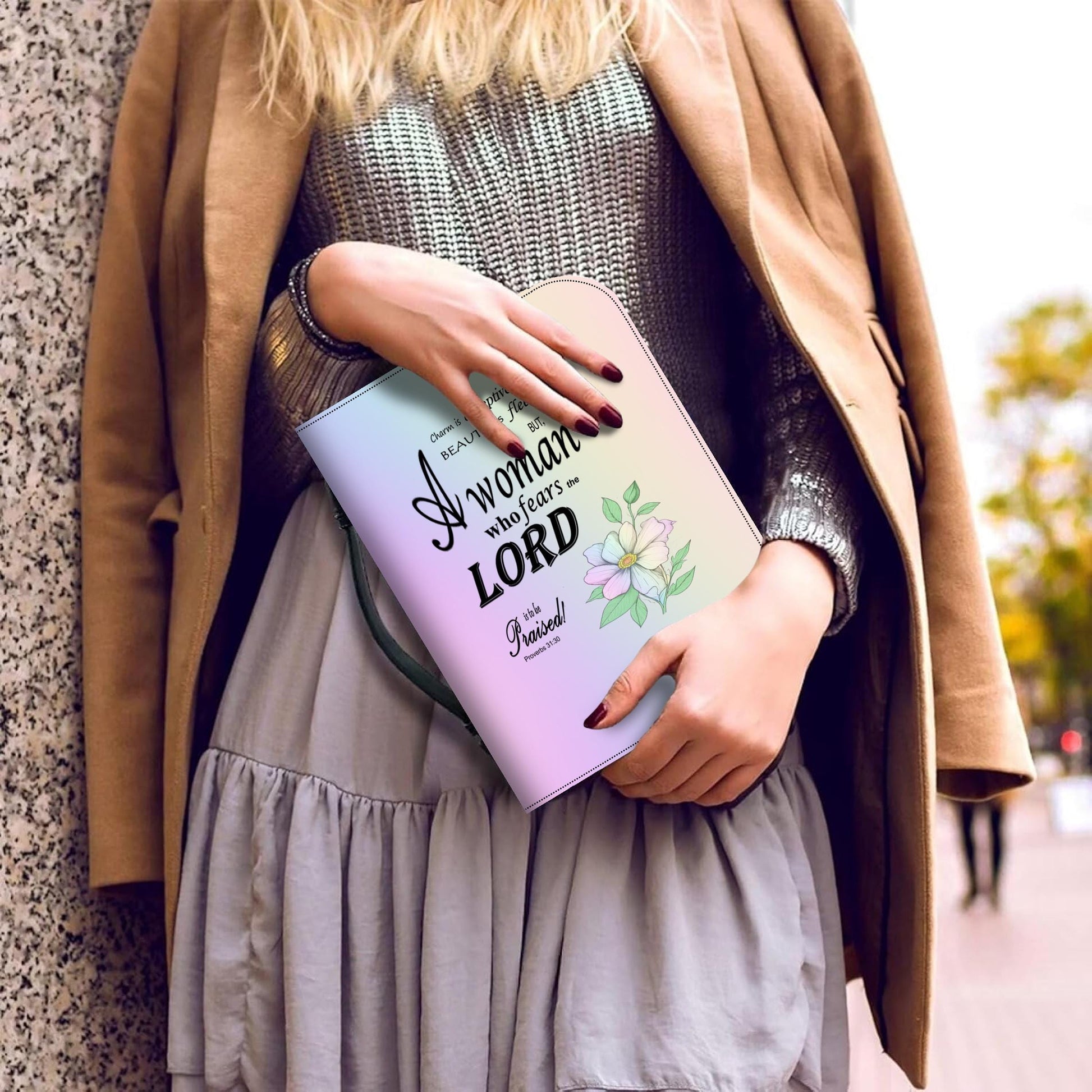 Pastel Rainbow, Floral Bible Cover, Proverbs 31:30 Scripture Quote, Religious Gift for Women, Church Accessory, Faith-Based Journal Cover - Printspirationz