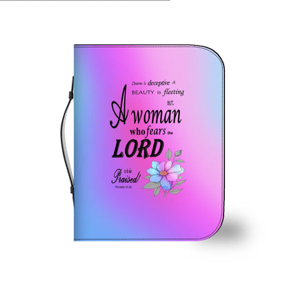 Pink, Blue, & Purple, Floral Bible Cover, Proverbs 31:30 Scripture Quote, Religious Gift Women, Church Accessory, Faith-Based Journal Cover - Printspirationz