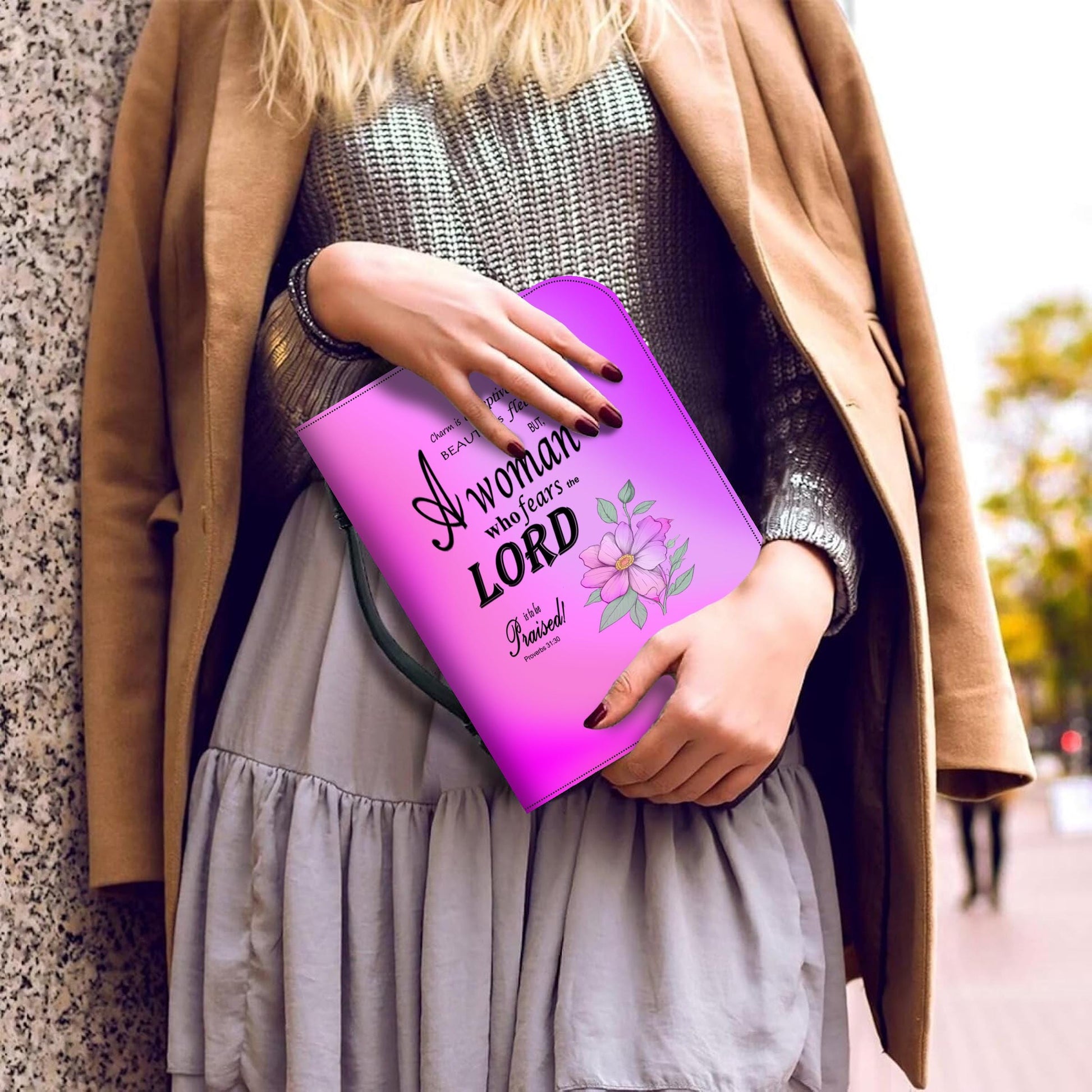 Pink Floral Bible Cover with Inspirational Quote, Religious Gift Women, Proverbs 31:30, Elegant Church Accessory, Faith-Based Journal Cover - Printspirationz