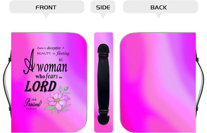 Pink Floral Bible Cover with Inspirational Quote, Religious Gift Women, Proverbs 31:30, Elegant Church Accessory, Faith-Based Journal Cover - Printspirationz