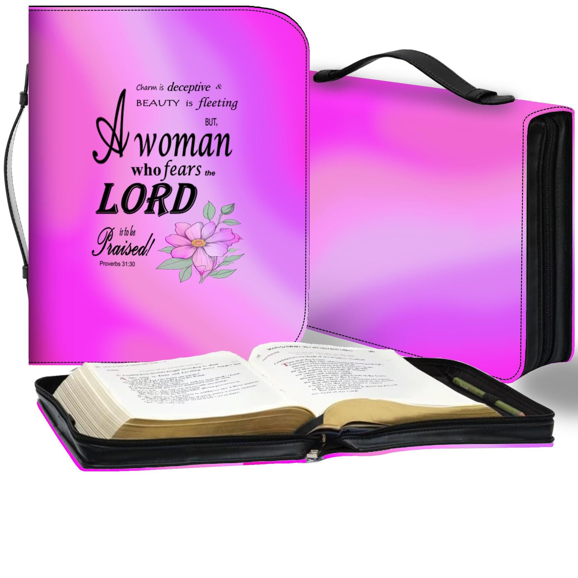 Pink Floral Bible Cover with Inspirational Quote, Religious Gift Women, Proverbs 31:30, Elegant Church Accessory, Faith-Based Journal Cover - Printspirationz