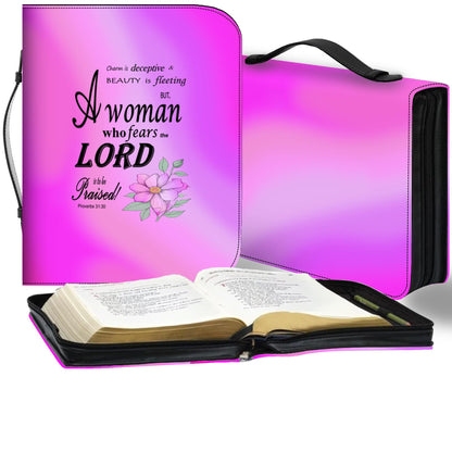 Pink Floral Bible Cover with Inspirational Quote, Religious Gift Women, Proverbs 31:30, Elegant Church Accessory, Faith-Based Journal Cover - Printspirationz