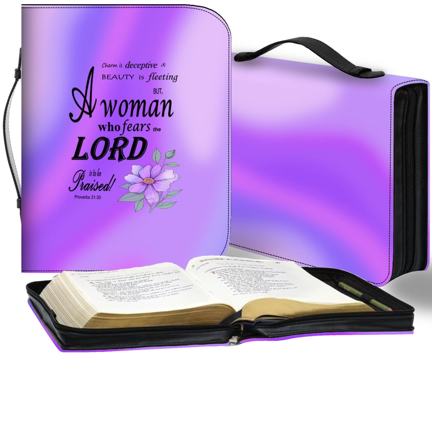 Purple, Floral Bible Cover, Proverbs 31:30 Scripture Quote, Religious Gift for Women, Church Accessory, Faith-Based Journal Cover - Printspirationz