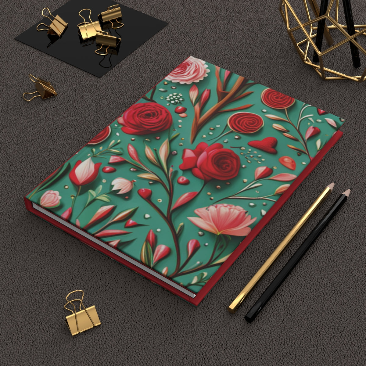 Hardcover Journal Matte, Green Pink and Red Roses, Notebook, Diary, Love, Floral, Gift for Her - Printspirationz