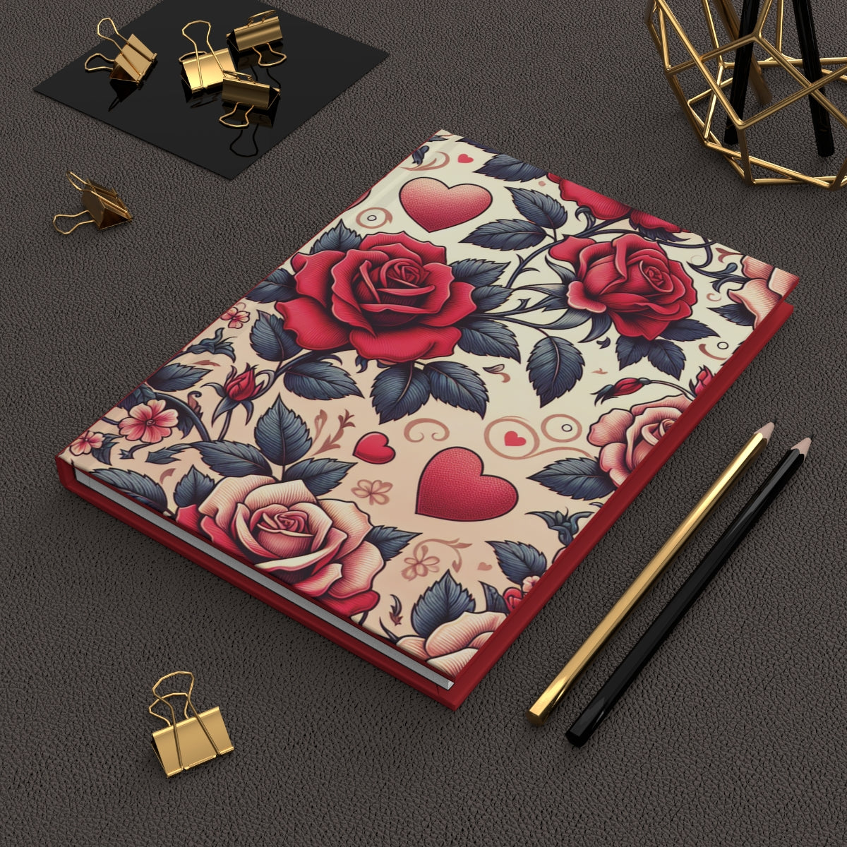 Hardcover Journal Matte, Hearts and Roses Design, Notebook, Diary, Sketchbook, Gift for Writers, Bullet Journal, Valentine's Day - Printspirationz