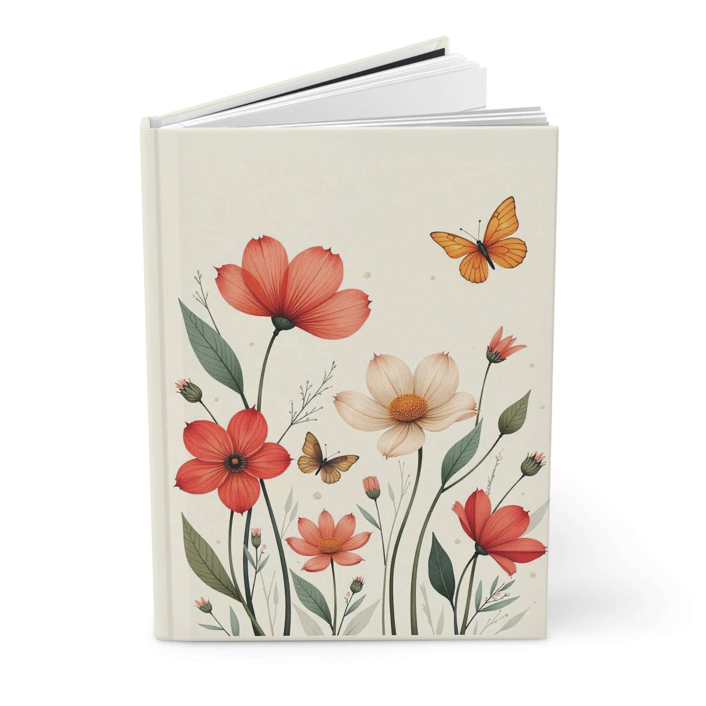 Hardcover Journal Matte, Orange and White Wildflowers with a Butterfly, Floral Notebook, Botanical Diary, Nature Journal, Flower Sketchbook,