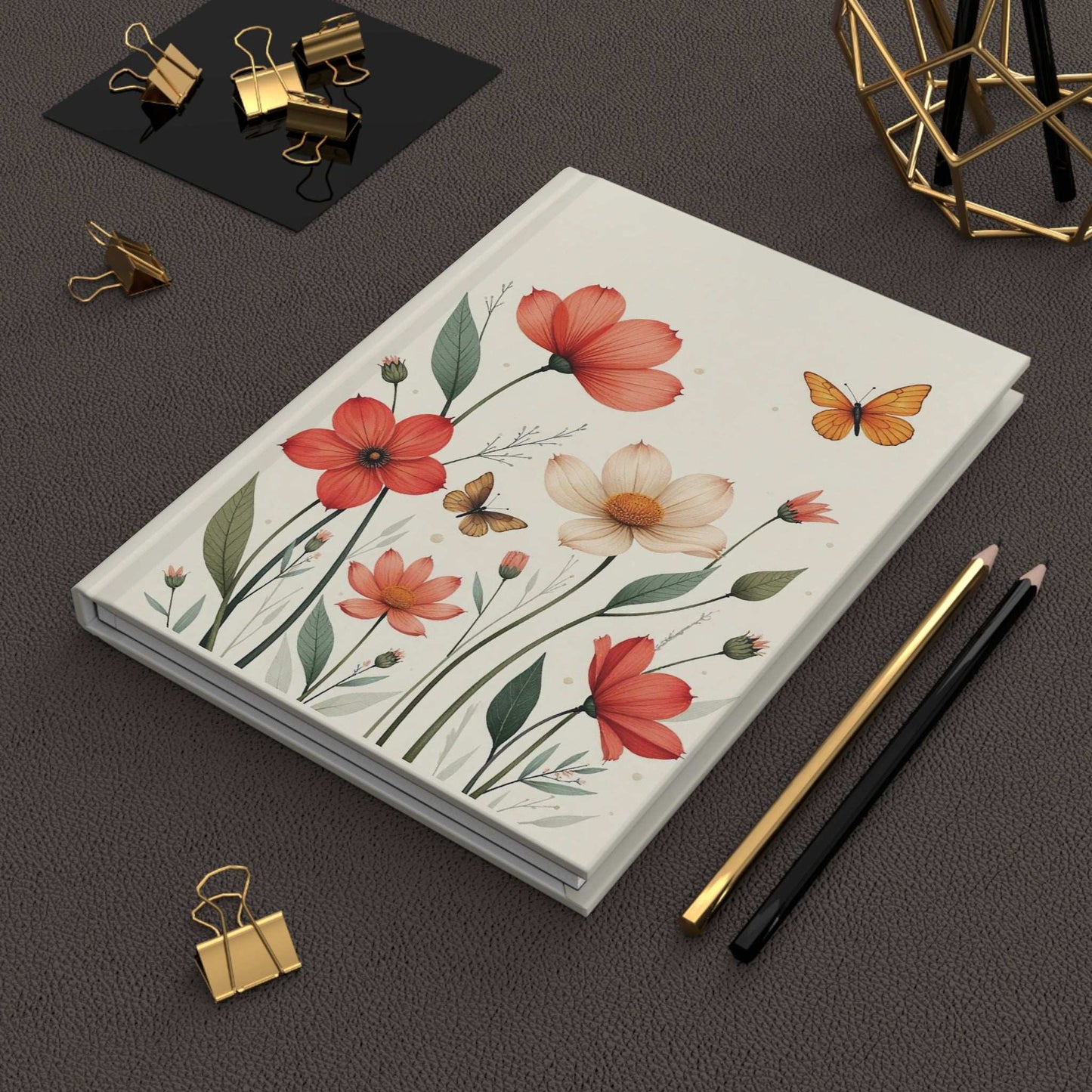 Hardcover Journal Matte, Orange and White Wildflowers with a Butterfly, Floral Notebook, Botanical Diary, Nature Journal, Flower Sketchbook,