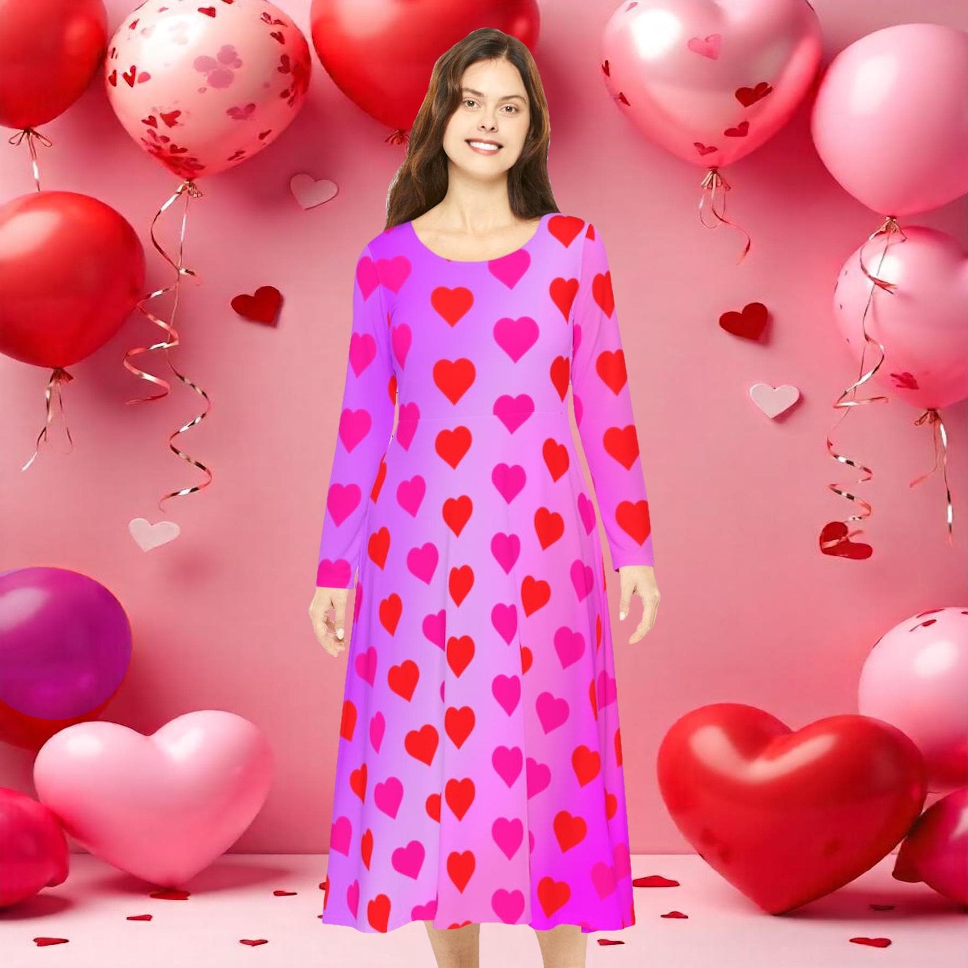 Dance Dress,  Hearts Valentine's Day Women's Long Sleeve Dress, Romantic Celebration Outfit, Love Goddess Costume, Maxi Dress - Printspirationz