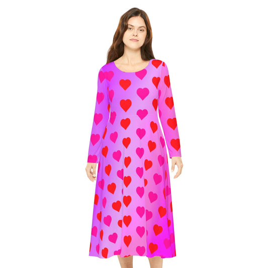 Dance Dress,  Hearts Valentine's Day Women's Long Sleeve Dress, Romantic Celebration Outfit, Love Goddess Costume, Maxi Dress - Printspirationz