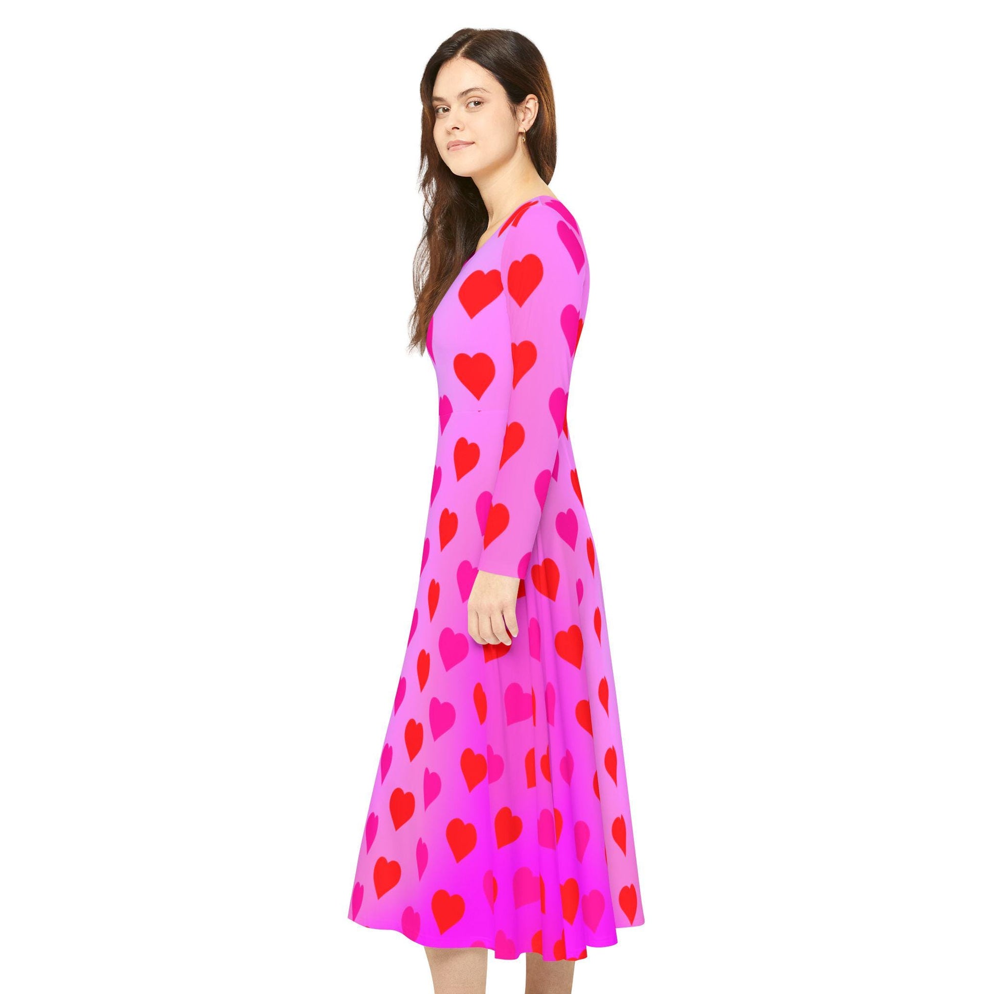 Dance Dress,  Hearts Valentine's Day Women's Long Sleeve Dress, Romantic Celebration Outfit, Love Goddess Costume, Maxi Dress - Printspirationz