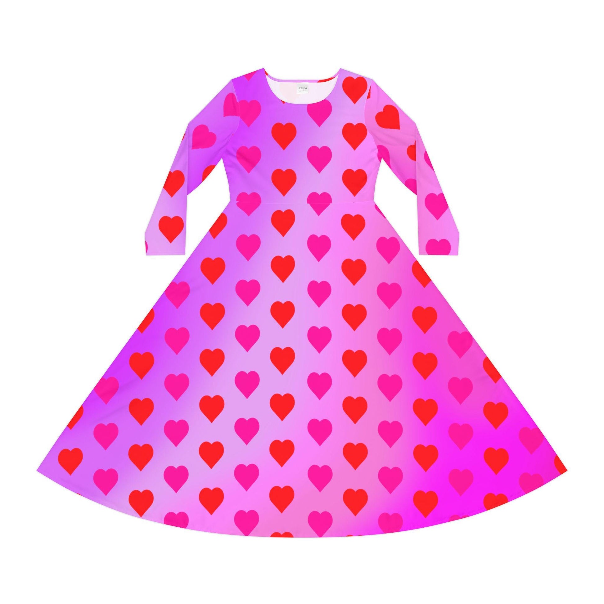 Dance Dress,  Hearts Valentine's Day Women's Long Sleeve Dress, Romantic Celebration Outfit, Love Goddess Costume, Maxi Dress - Printspirationz
