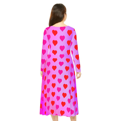 Dance Dress,  Hearts Valentine's Day Women's Long Sleeve Dress, Romantic Celebration Outfit, Love Goddess Costume, Maxi Dress - Printspirationz